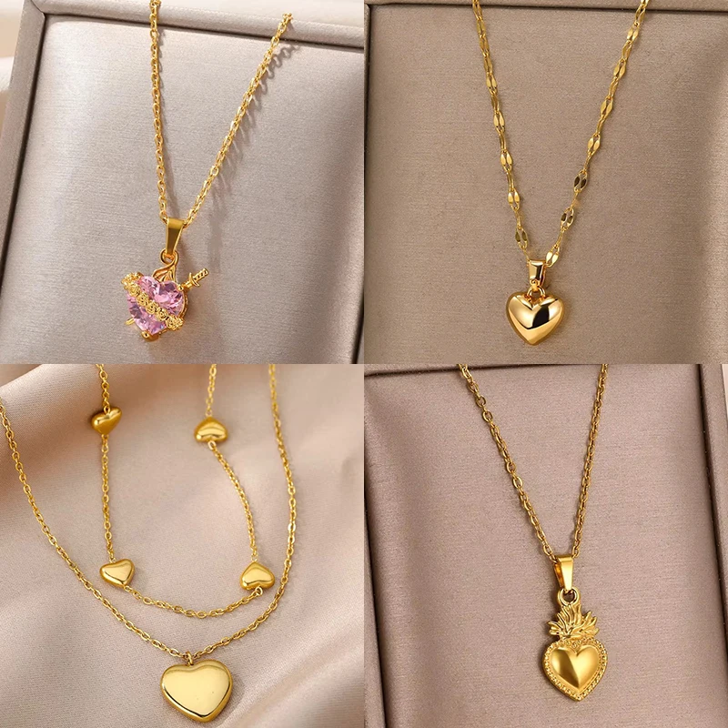 

Pink Heart Zircon Necklace Gold Color Stainless Steel Cupid Eros Arrow Heart Pendant Necklace Korean Fashion Jewelry Girls Party