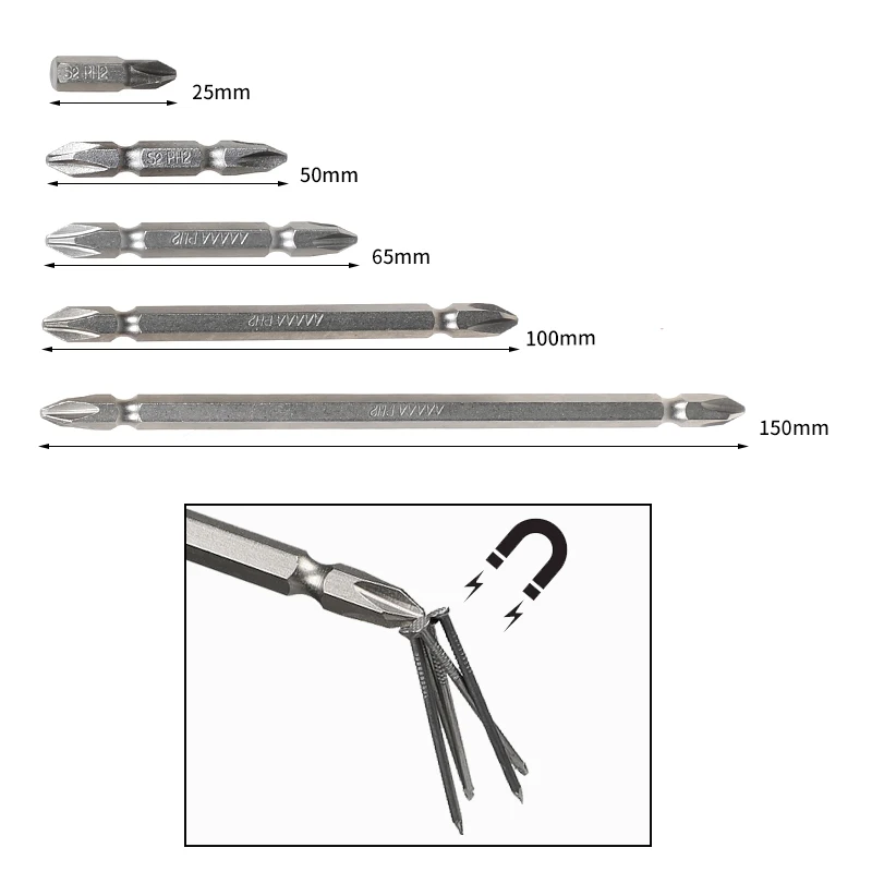 10Pcs Set Double Head Screwdriver Bit  Hex Shank Magnetic PH2 Philips Phillips 25/50/65/100/150mm