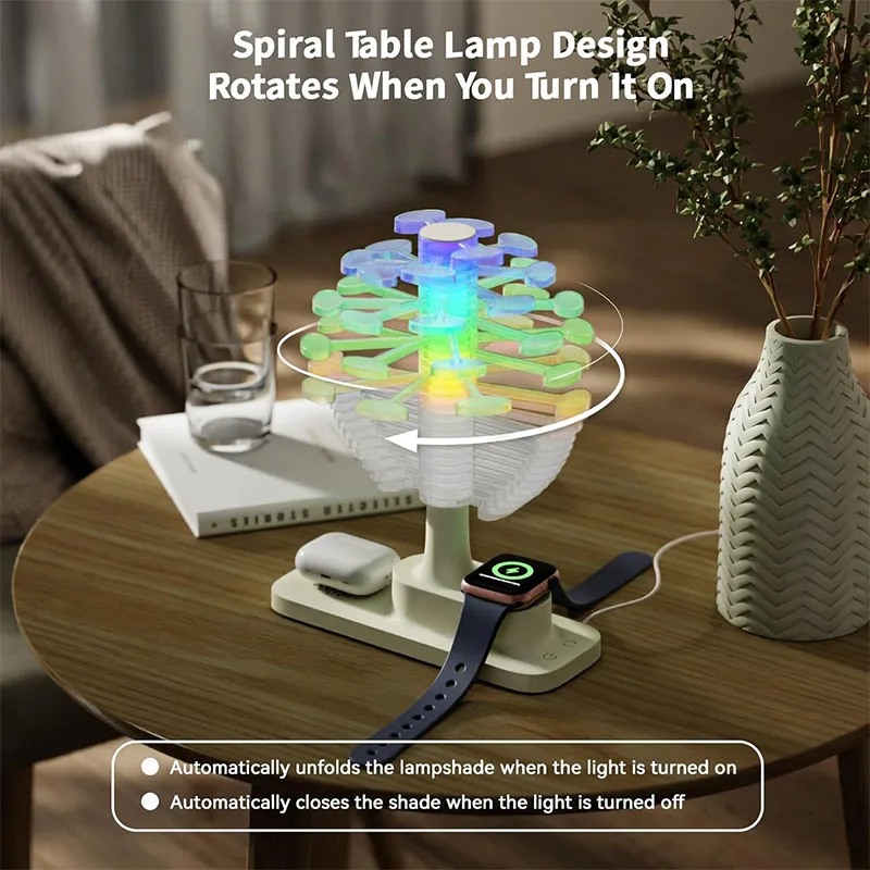 Spiral Table Lamp with Wireless Charger RGB Dimmable Rotating Tree Night Light USB Powered Touch Control Bedside Lamp Ideal Gift