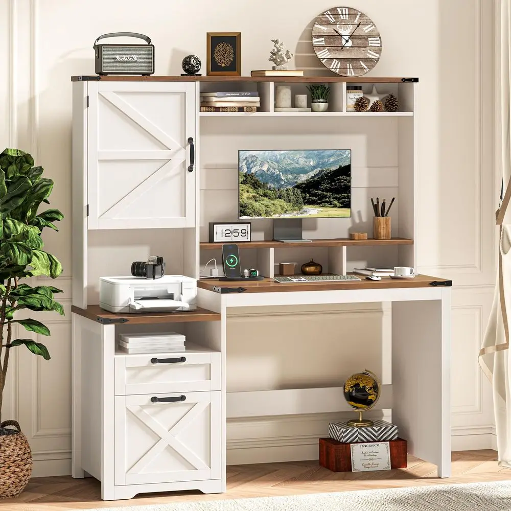 

Компьютерный стол Executive Desk 51 с 2 выдвижными ящиками, тумбой для хранения и розетками, деревянный стол для домашнего офиса с надстройкой и отсеком для монитора