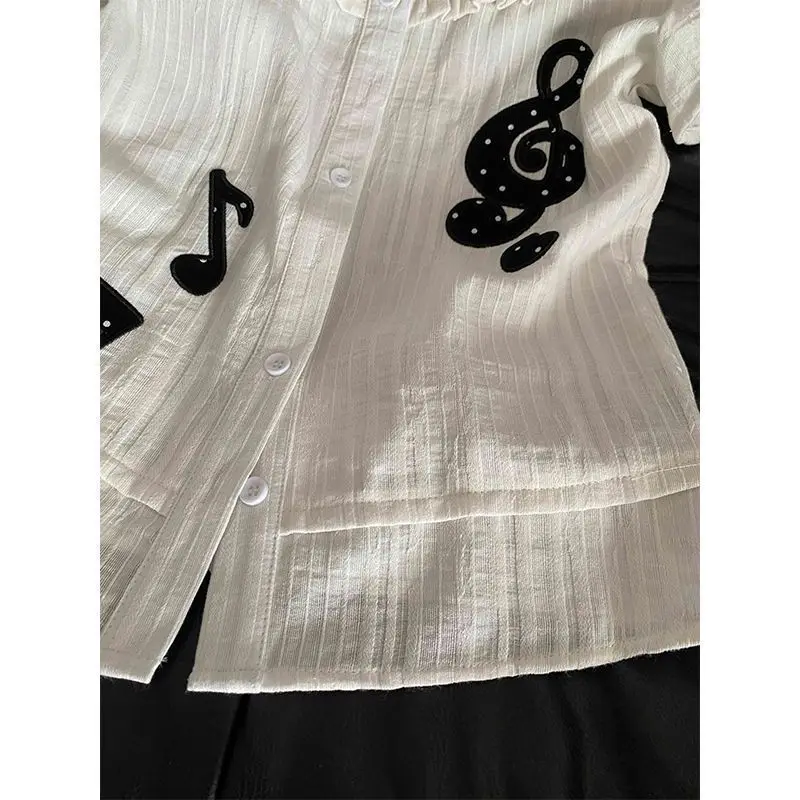 Subculture Vintage Short Sleeve Embroidery Shirt Women Casual Doll Collar Y2k Retro Button Bodycon Blouse Hot Girl Aesthetic