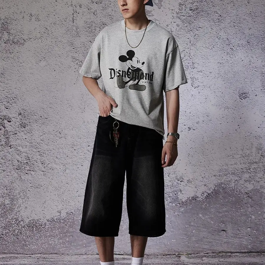Men's Simple Street Summer Wide Leg Cropped Pants Cool Boys Vintage Jeans Casual Y2k Bottom Male High Waist Denim Shorts