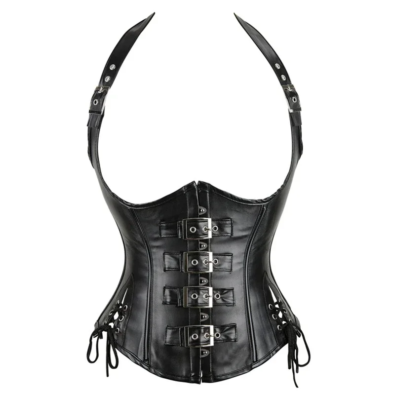 Steampunk PU Leather Corset Top Halter Shoulder Straps Sexy Bustiers Lace Up Slim Waist Body Shapewear Women Slimming Belt