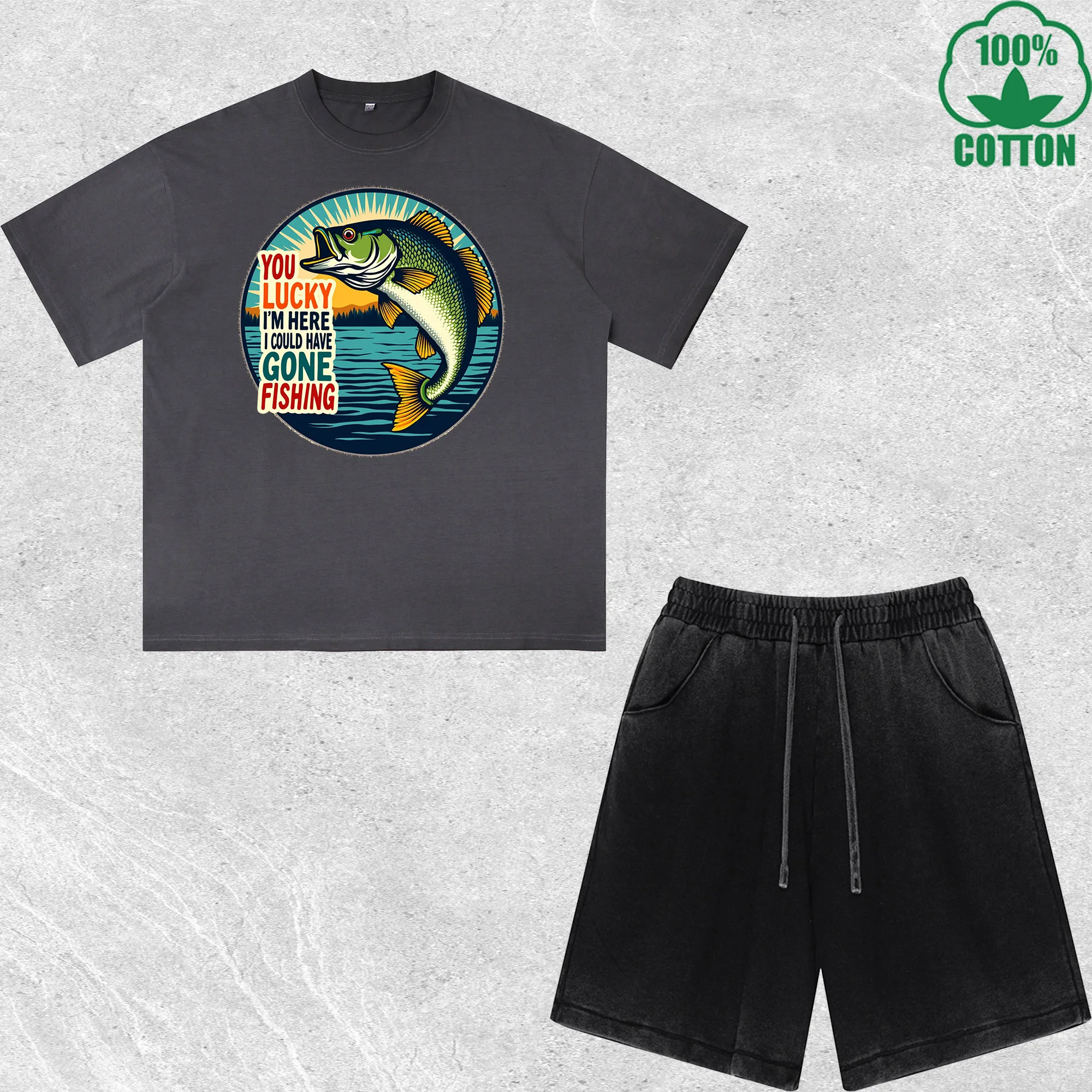 

Gone Fishing Printed Dirty Wash T-Shirt Shorts Set Multicolor Combo Loose Trendy Fashionable 100%Cotton