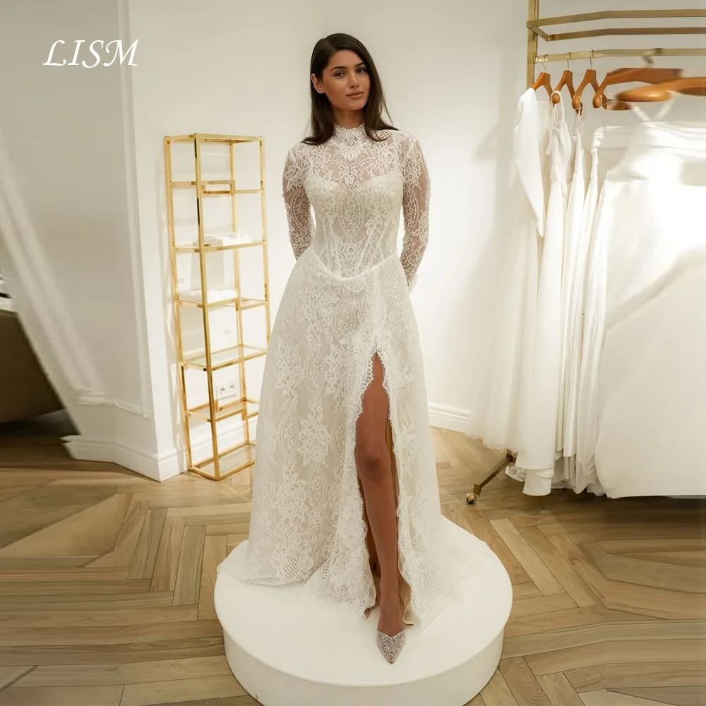 LISM O넥 하이 포크 백리스 웨딩드레스 실크 레이스 결혼식 우아한 맞춤형 럭셔리 신부 드레스