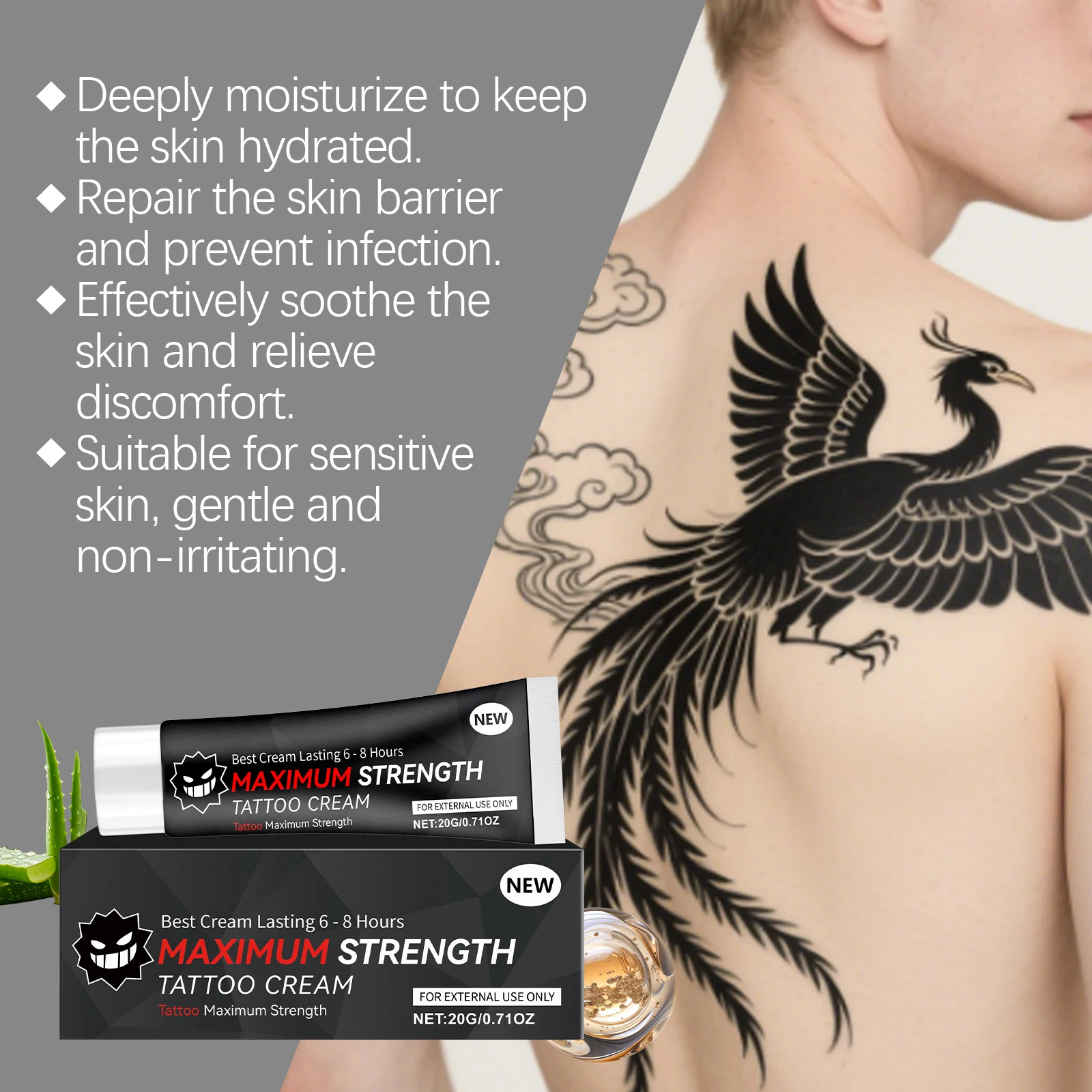 Tattoo Care Cream Color Preservation Moisturizing Skin Soothing Anti Redness Calming Aloe Vera Strength Tattoo After Care Cream - Image 3