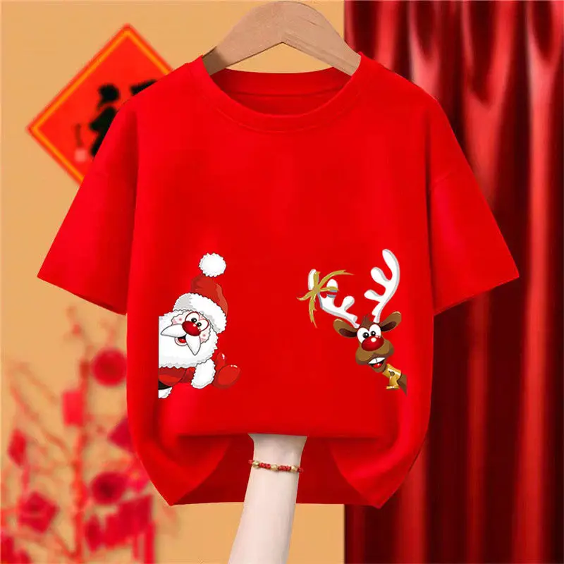 Women Clothing Fashion Christmas Elk Pure Cotton T-shirt Spring Summer Casual Loose O-neck Short Sleeve Top Tees Chic Pullovers