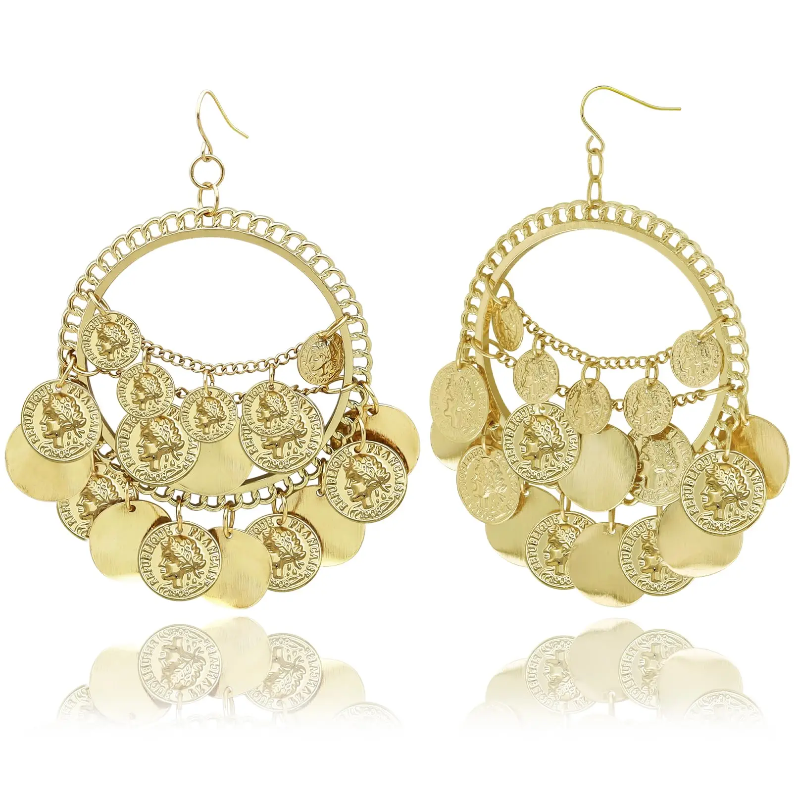 Boho Tribal Coins Hoop Dangle Earrings for Women Head Portrait Coins Disc Tassel Drop Earrings Gypsy Jewelry Statement Accessory