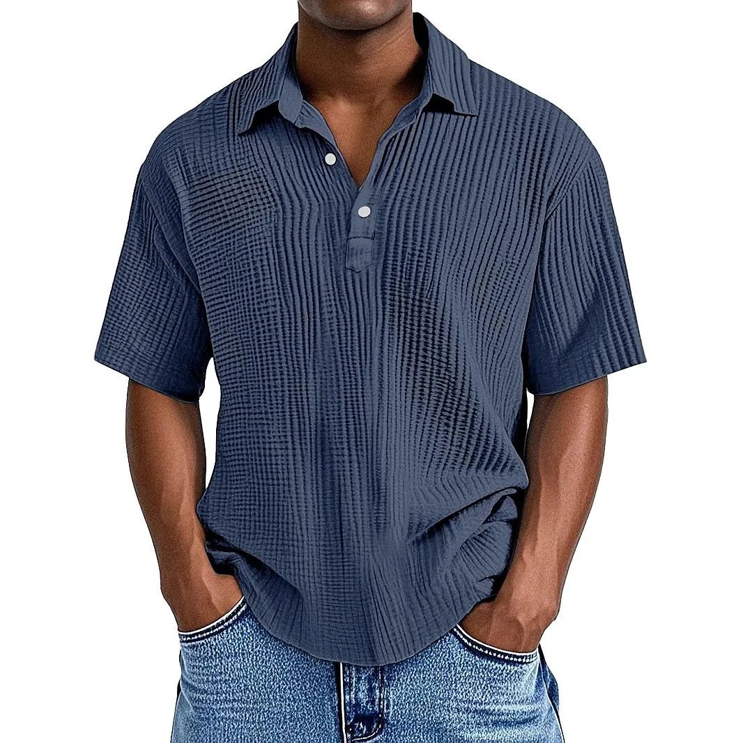 Men's Short Sleeve Button Down Shirt Crinkled Crepe Collar Casual Blouse Top