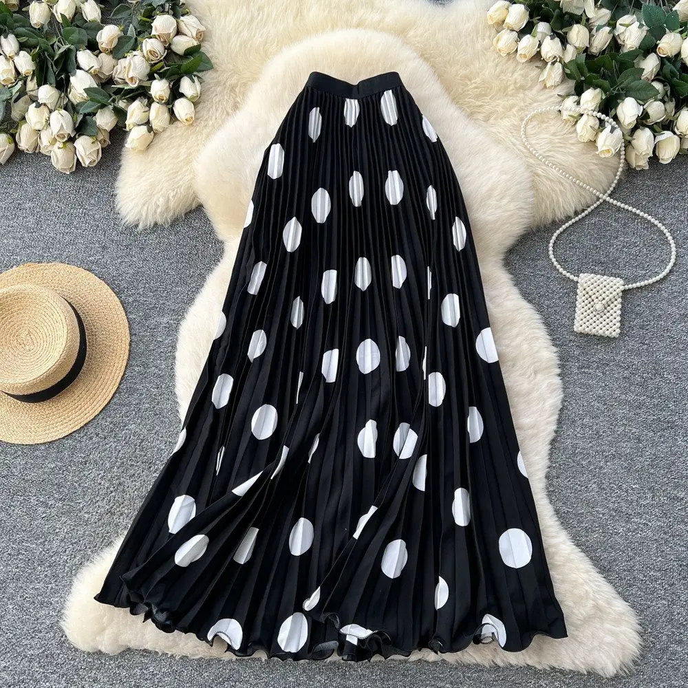 Big Polka Dot Pleated Skirt Women Fashion High Waist A-line Dance Party Beach Long Skirt Maxi Spring Summer Autumn 2026 New