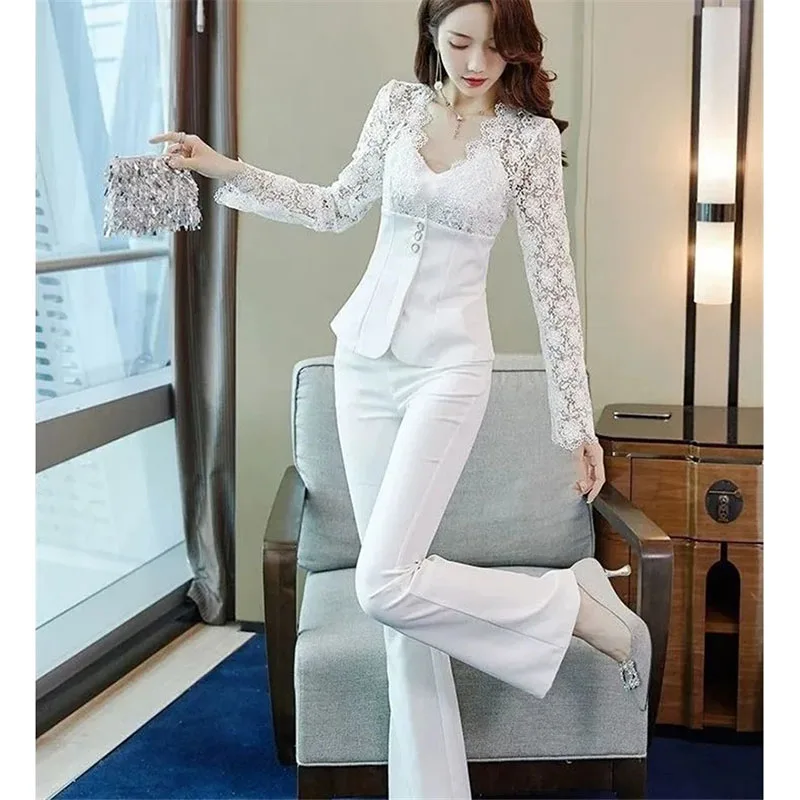 

Professional Temperament Lace Shirt Suit Summer Female Long Sleeve Shirt Women's Fashion Top + Wide Leg Pants Two Piece Set