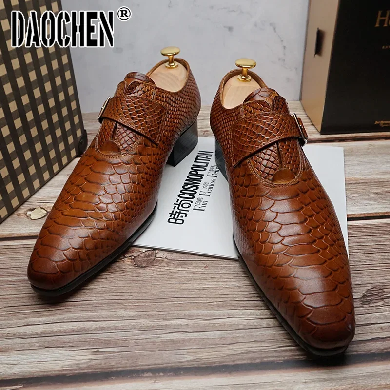 Luxury Men\'s Loafers Dress Shoes Snake Prints Formal Men Casual Shoes Black Brown Monk Loafers Office Wedding Leather Shoes Men