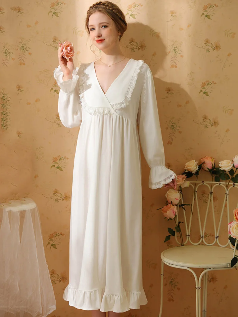 

Women Princess Nightdress Autumn Long Sleeve Ruffles Sweet Cotton Mesh Vintage Fairy Sleepwear Pajamas Victorian Nightgowns