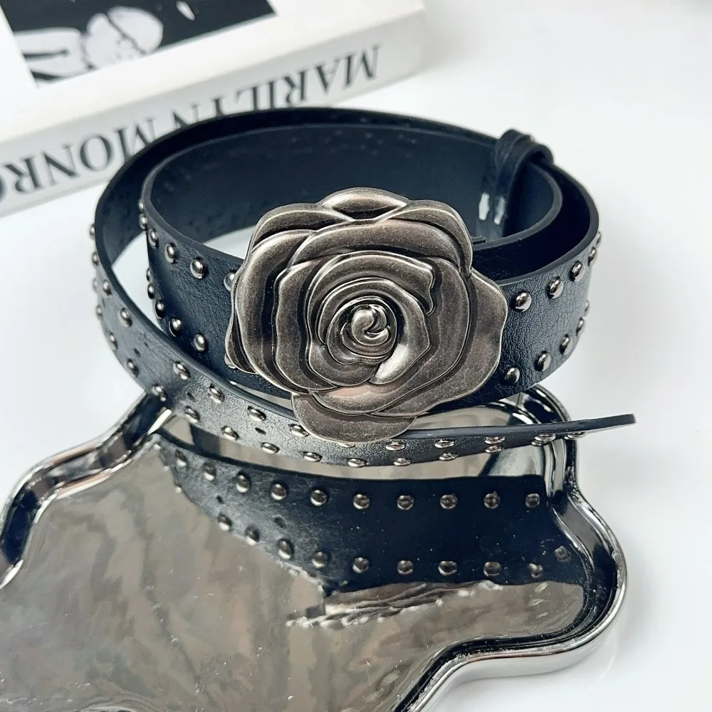 حزام روز بانك للنساء - حزام خصر مرصع بالجلد مع إبزيم، إكسسوار قوطي منفعل للجينز والتنانير