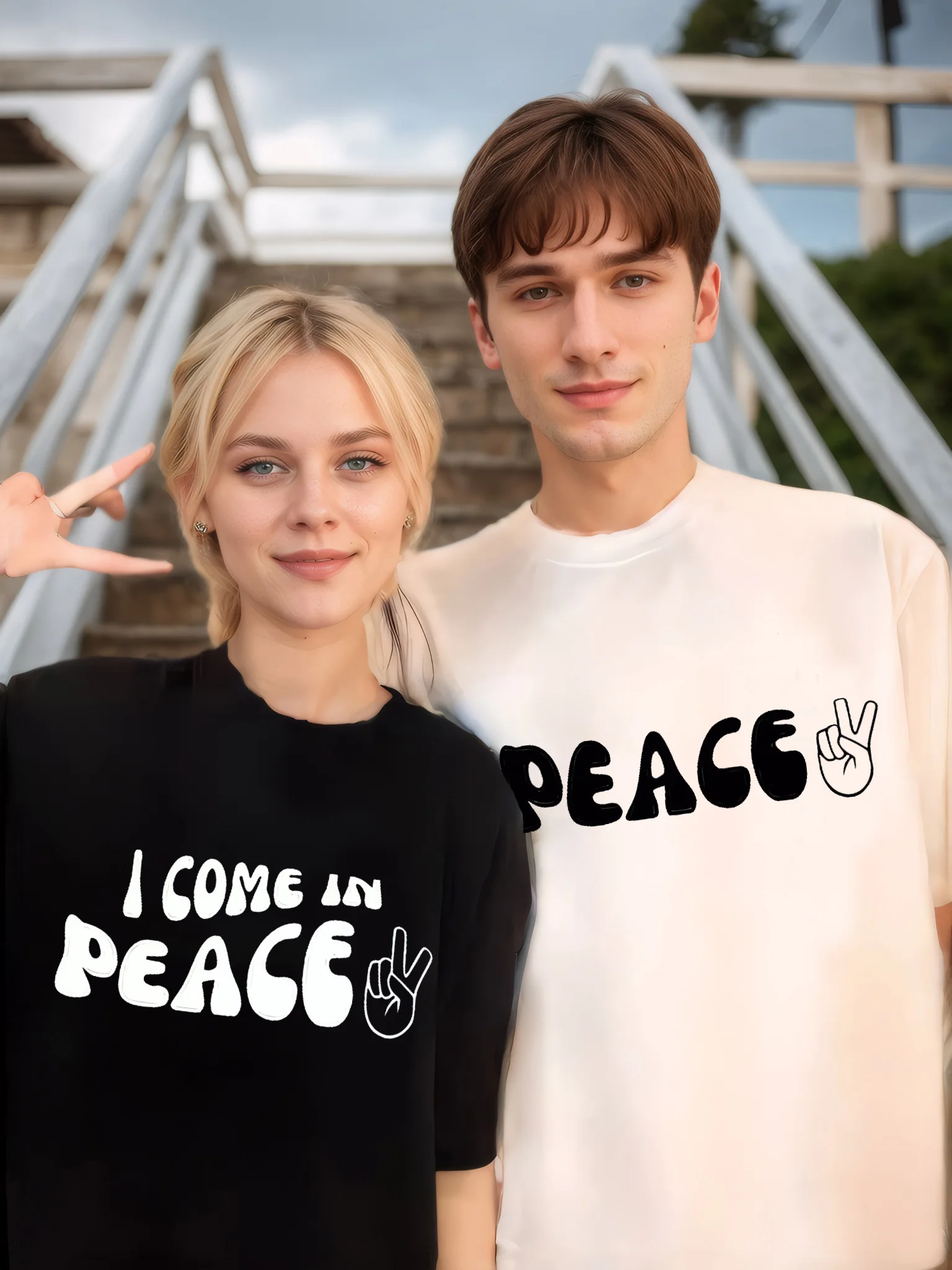 

Забавная футболка для пар I COME IN PEACE-PEACE Рубашка с рисунком для бойфренда-девушки Праздничный наряд Классический топ с короткими рукавами в готическом стиле