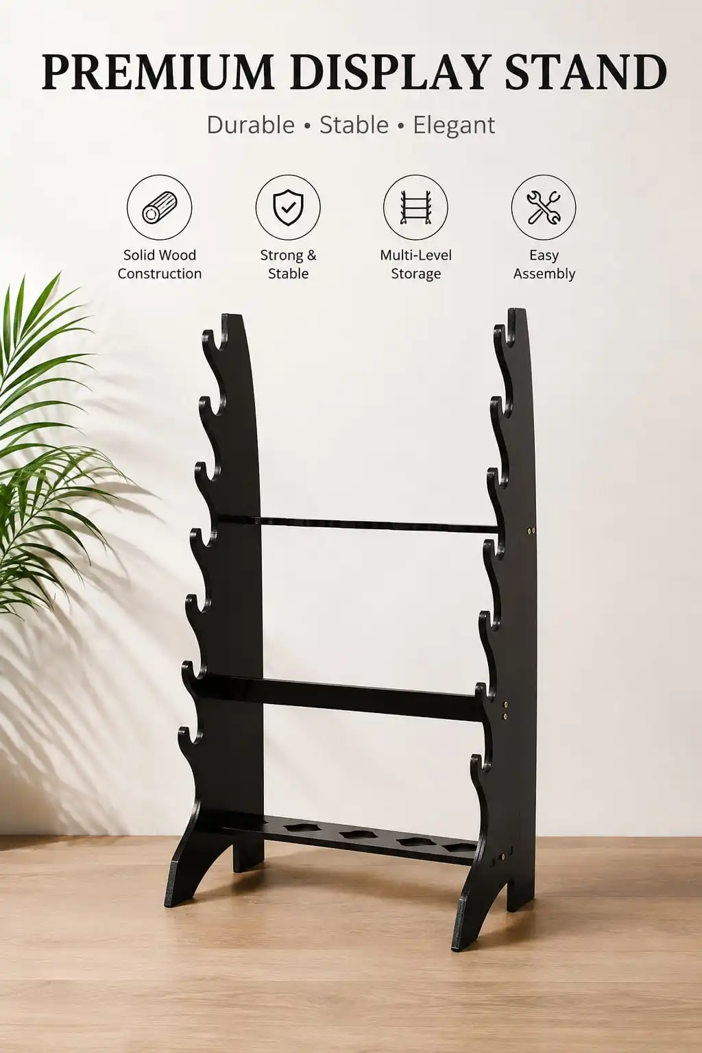 Solid Wood Vertical Sword Stand with 18 Arms for Martial Arts Training, Bamboo & Polearm Display