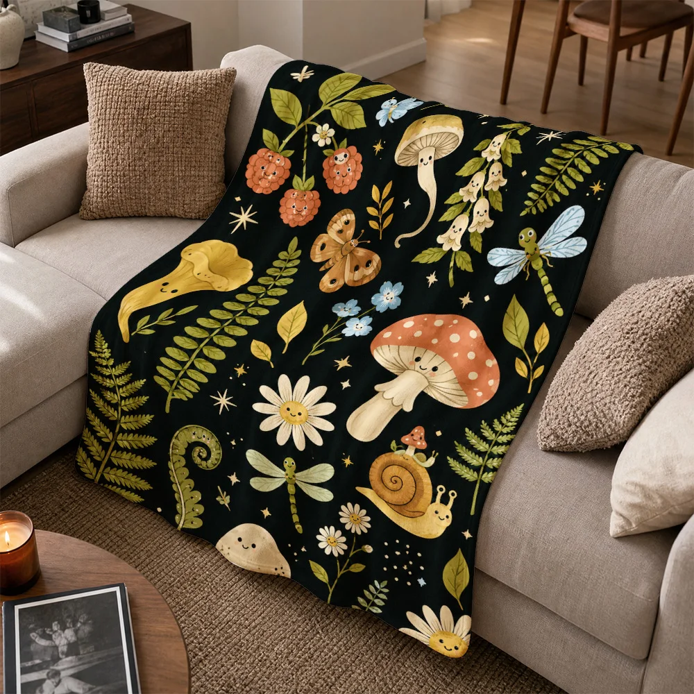 Whimsical Woodland Mushroom Throw Blanket Cottagecore Boho Sofa Decor Botanical Nature Forest Fairy Garden Aesthetic Tapestry Co