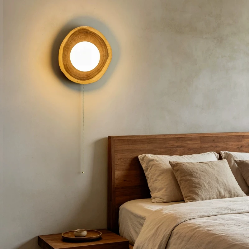 Medieval Wabi-Sabi Style Wall Lamps Wooden Circular LED Wall Sconces Bedrooms Headboards Corridors Stairs Embellish Luminaires
