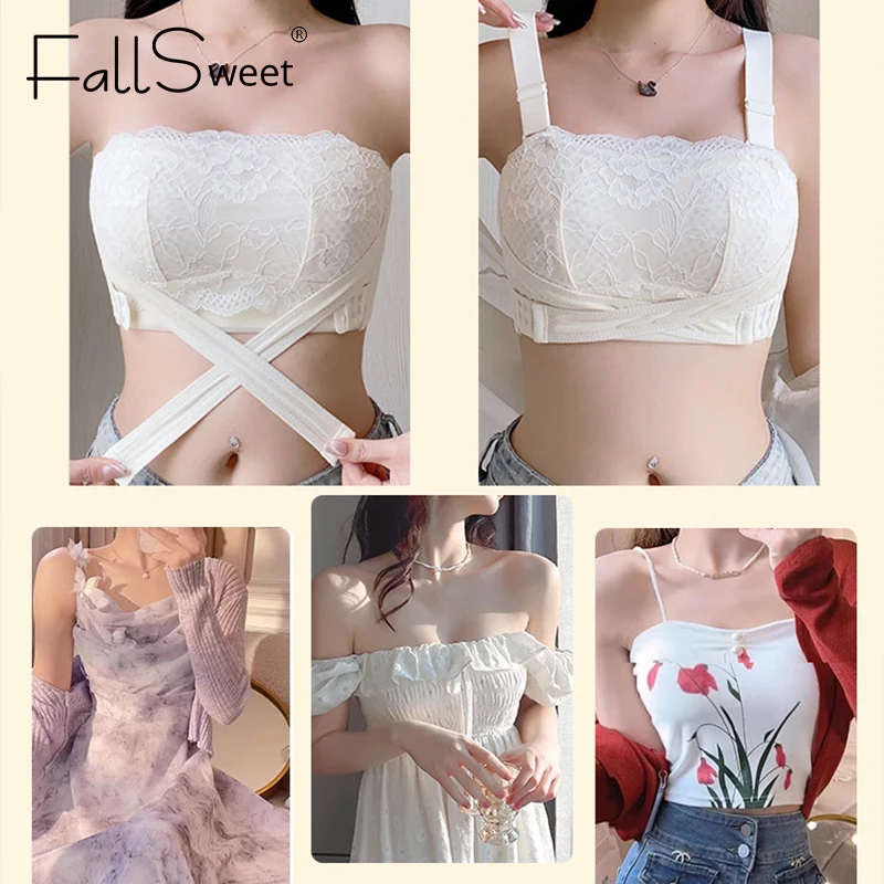 Bra Tanpa Tali Renda Fallsweet untuk Wanita Bralette Push Up Nirkabel Bra Tak Terlihat Antiselip Pakaian Dalam Seksi Lingerie Cup Tipis