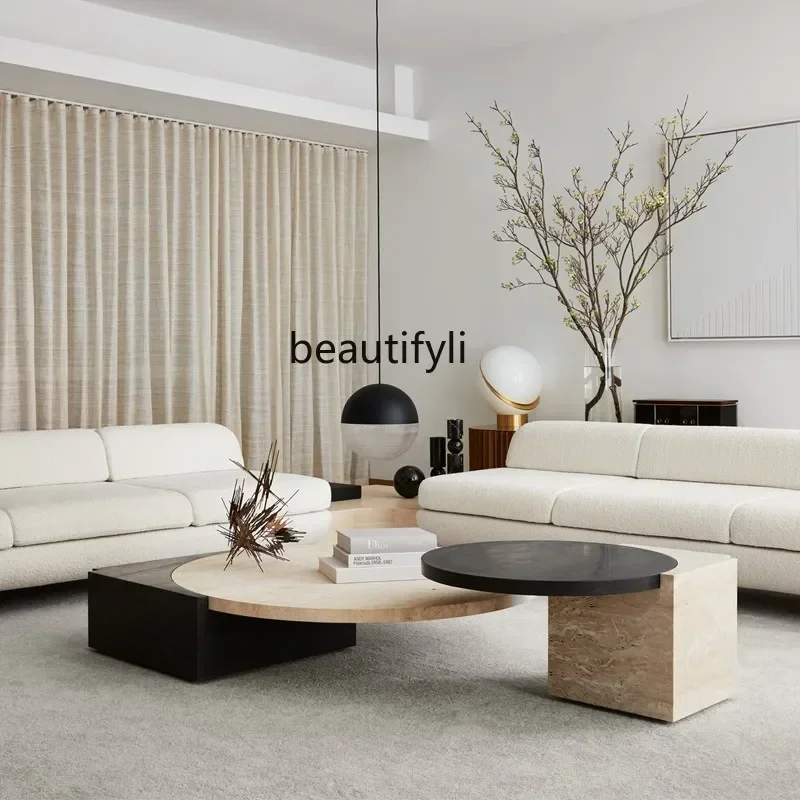 

New Designer creative living room sofa travertine size round marble coffee table combination light luxuryA16