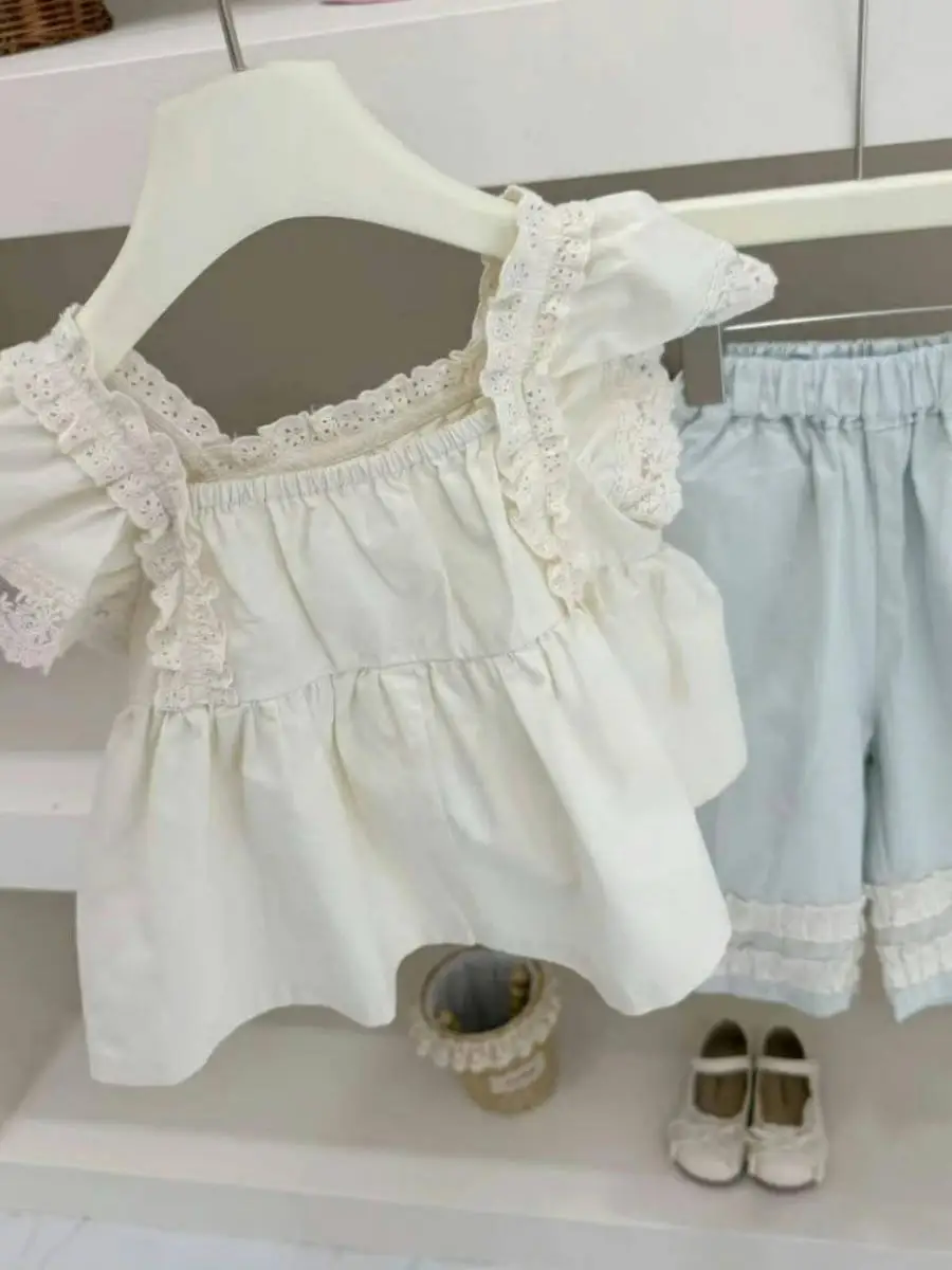 

Лето 2022, комплект капри с куклой и цветочным принтом для девочек, комплект детских широких брюк с кружевной отделкой, милый топ Flng Sve, модный