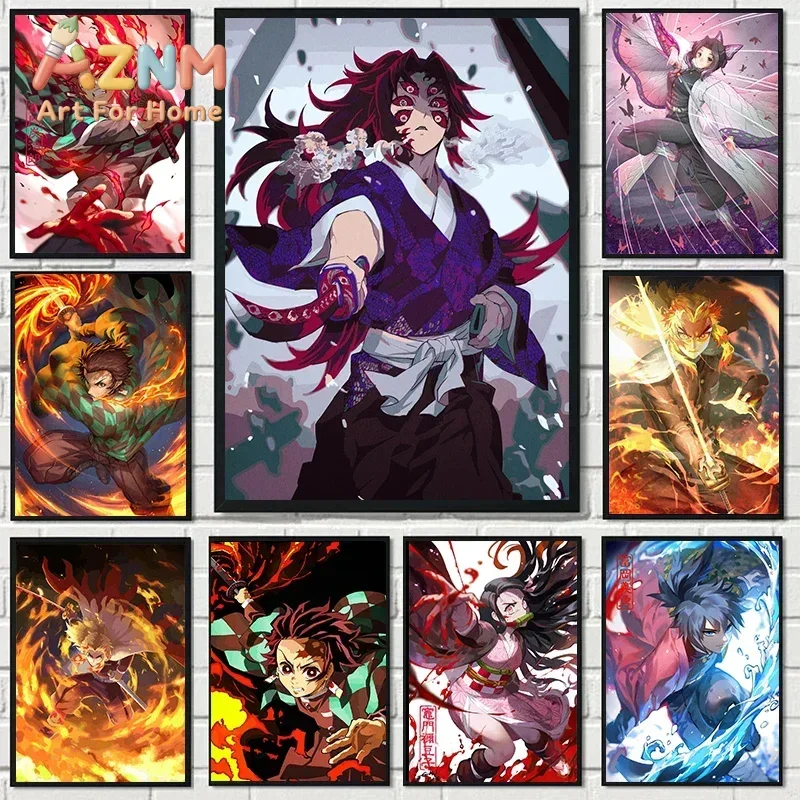 AZNM Demon Slayer Anime Canvas Wall Art Kokushibo Tanjiro Nezuko Rengoku Manga Character Canvas Print Bedroom Decor Poster
