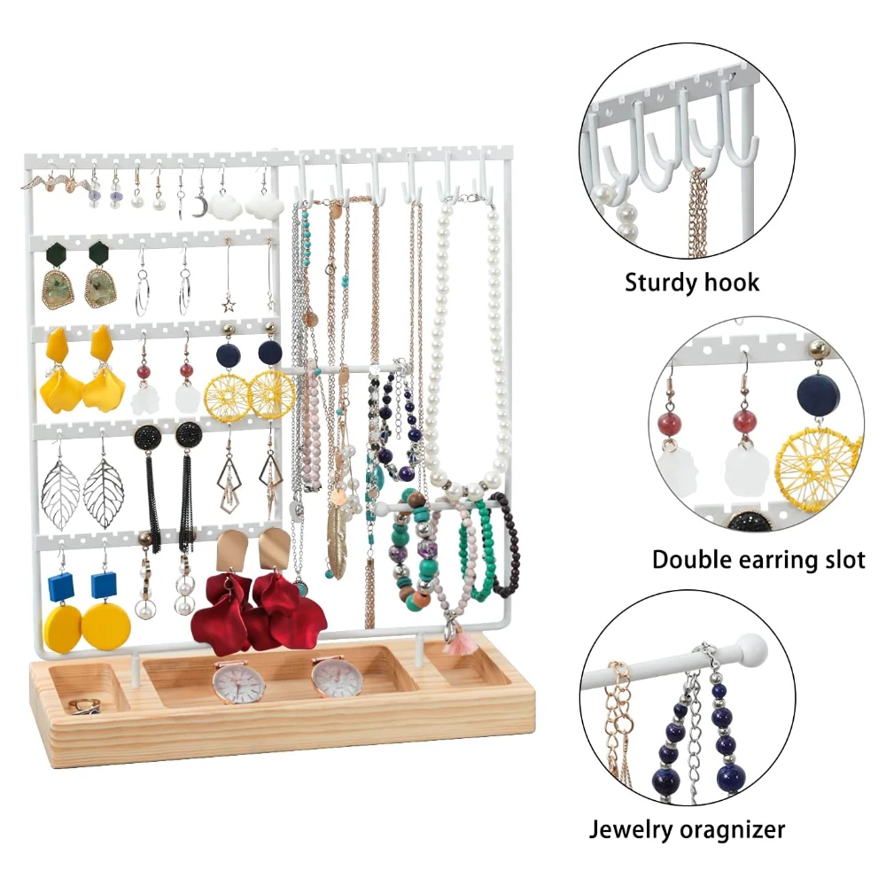 Earring Holder,5-Tier Ear Stud Holder with Wooden Tray,Jewelry Organizer Holder for Earrings Necklaces Bracelets Watches