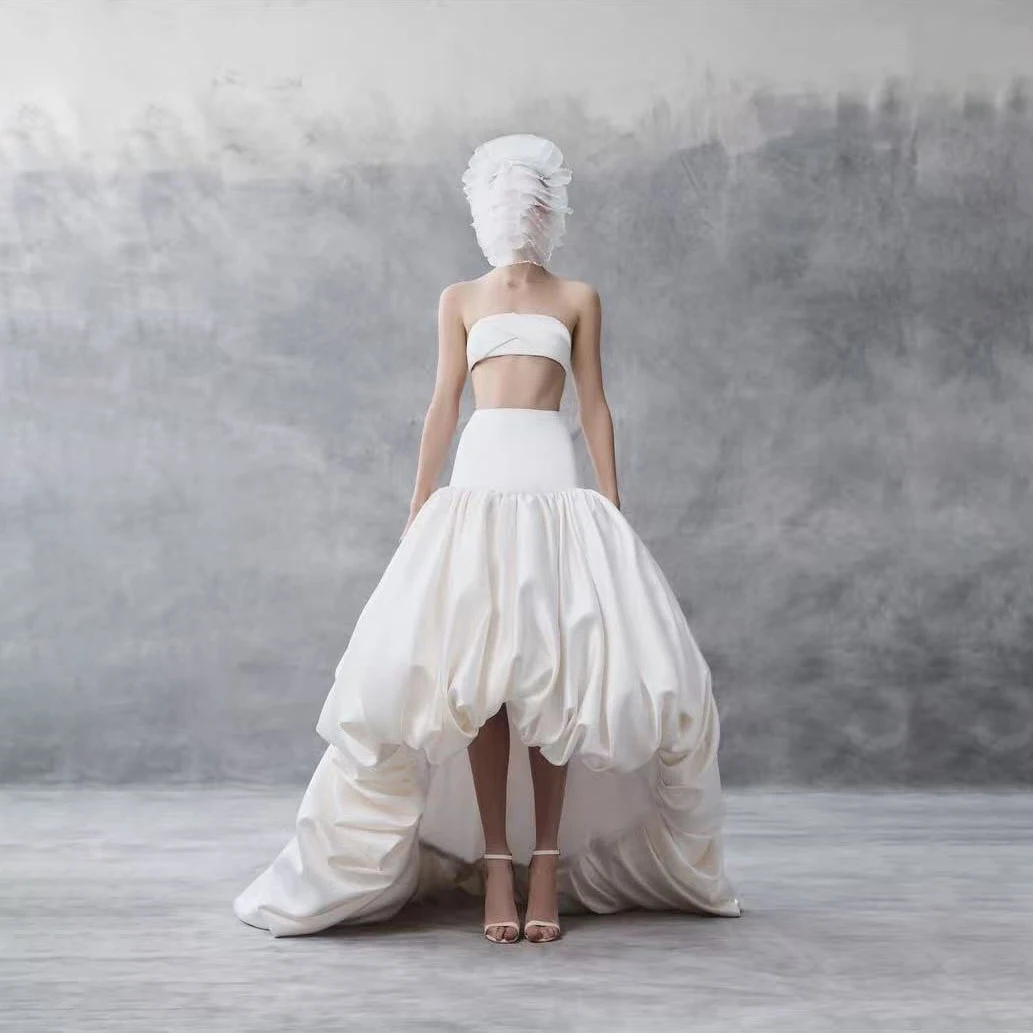 2 ピースブライダルドレスタフタフリル高低ウェディングパーティードレスシャーリングバックレスオフショルダーブライダル衣装カスタムメイド