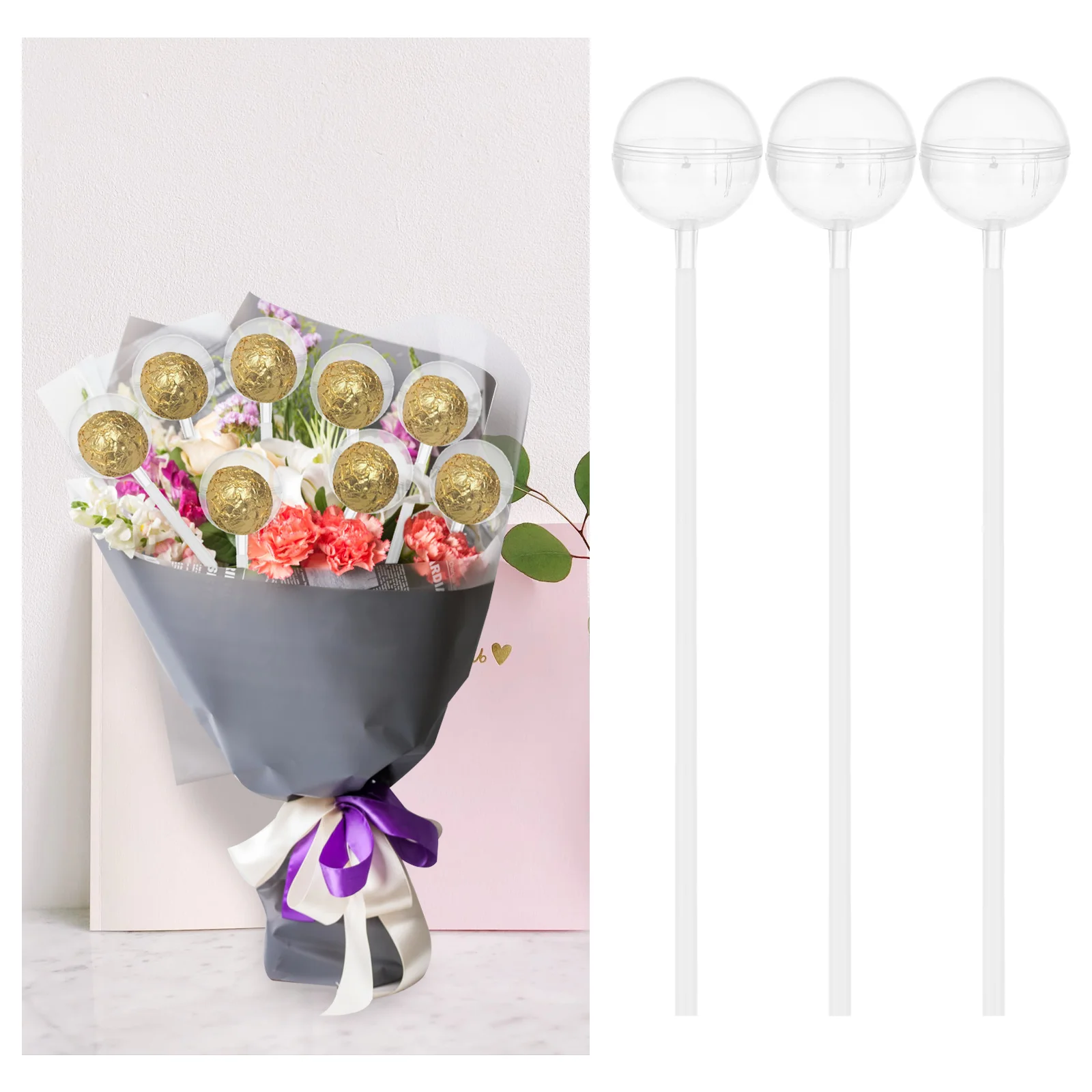 

100 Pcs Chocolate Torus Bouquet DIY Fixed Base Candy Holder Support Cane Ball Plastic Flower Decoration Supplies Bride