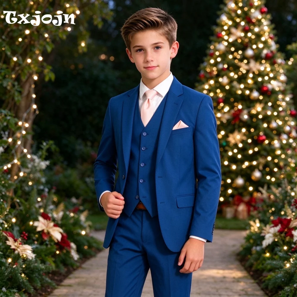 Boys Suit 3-piece Set Formal Wedding Tuxedos Pointed Collar Jacket 2-16 Year Child Tailored Blazer Pants Vest for Chrismas Party