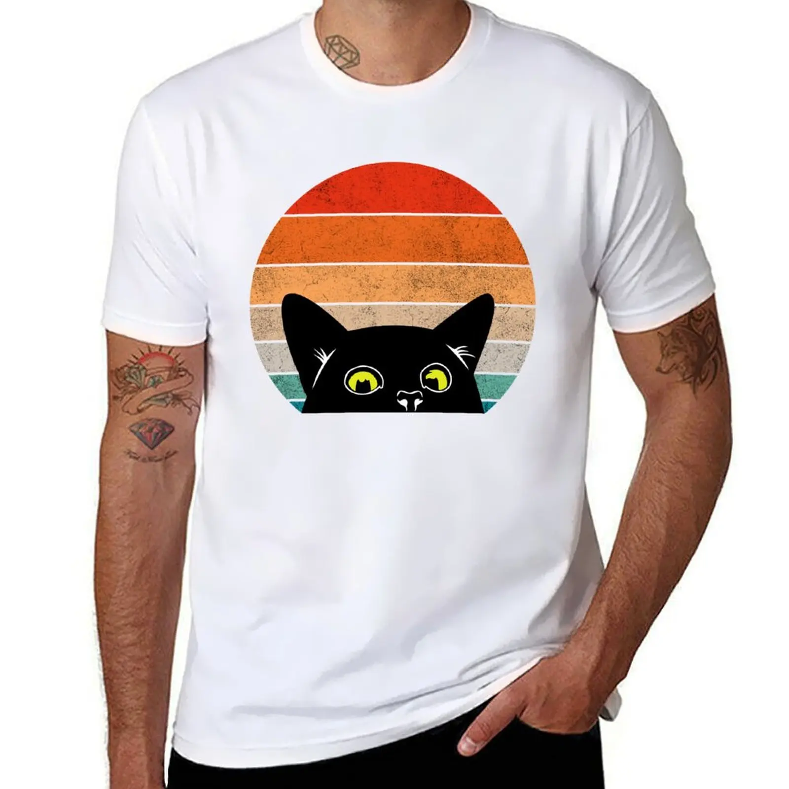 

Vintage Retro Style Peeking Black Cat T-Shirt cotton t shirts high quality funny t shirts dark humor T-Shirt