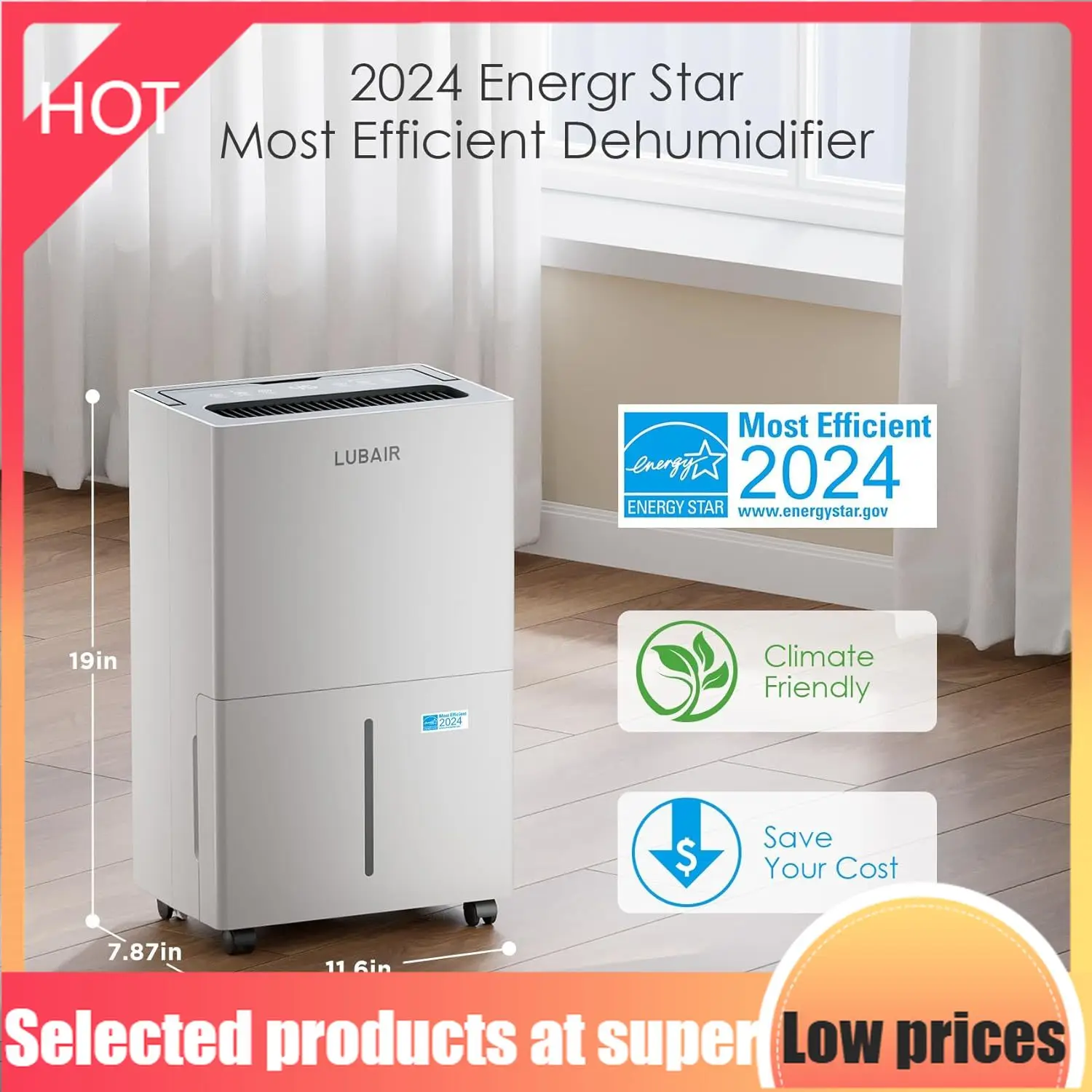 

Competitive Item-52 Pints Large Room Dehumidifier With Drain Hose & Water Tank,Intelligent 4500 Sq.ft Energy Star Dehumidifier F