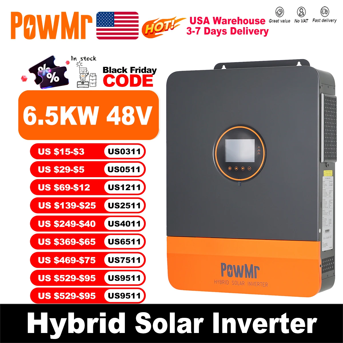 

PowMr USA 6.5KW Hybrid Solar Inverters 48VDC to 110VAC Single Phase & 220VAC Split Phase Output With MPPT 140A Charger PV 550VDC