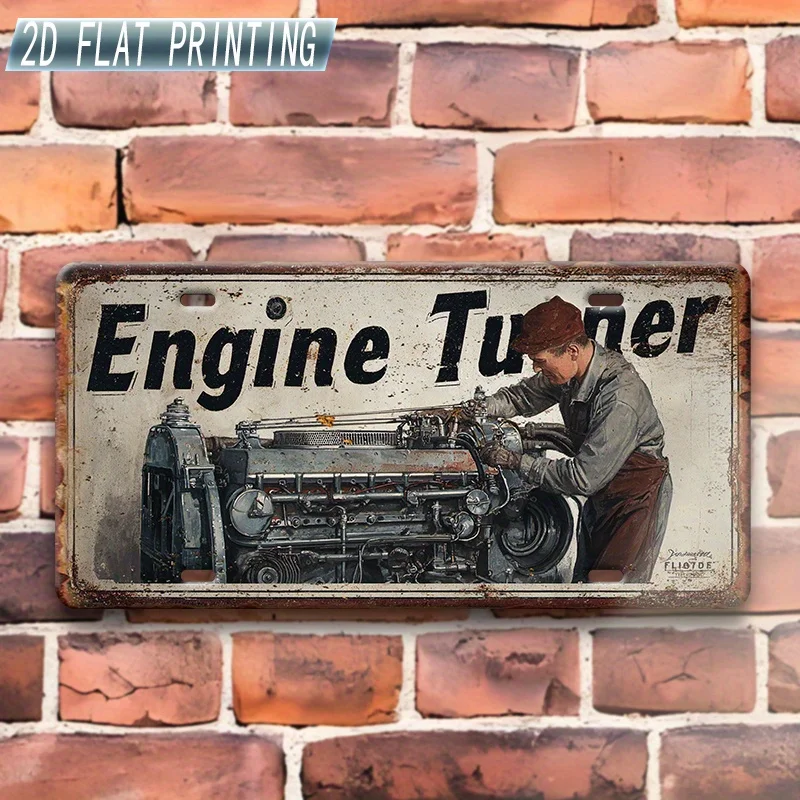 2D Flat Retro Engine Tuner Metal Sign- 29.97cm X 14.99cm Aluminum Wall Decor, Classic Industrial Garage Decoration, Mechanic Gif