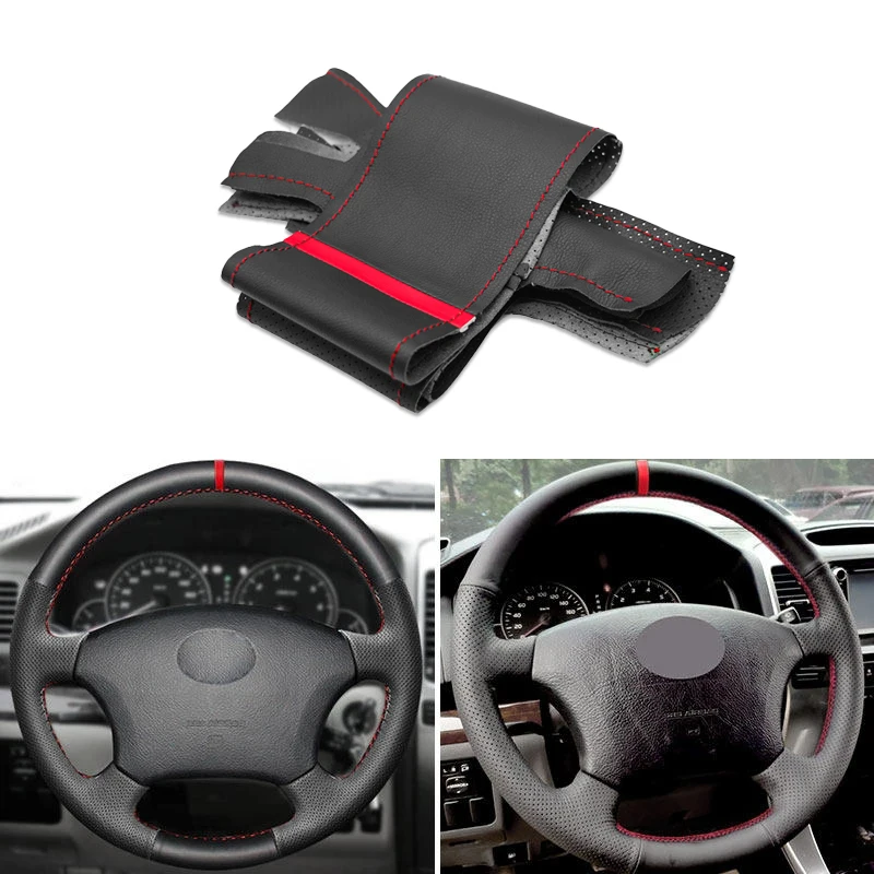 Leather Steering Wheel Cover Red Strip&Line For Toyota Land Cruiser Prado 120 Land Cruiser 2003 2004-2007 Tacoma 2005 2006-2011