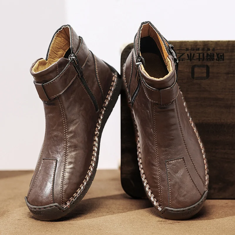 Handmade Leather Men Boots With Fur Split Casual Winter Ankle Boots Plus Size 39-47 Leisure Footwear For Male Hombres Botas