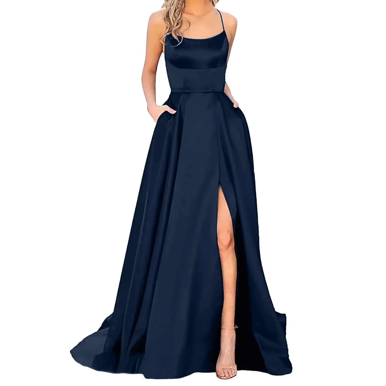 Solide Brautjungfer Kleid für Hochzeiten Frau Gast sexy Spaghetti träger Split Prom Party Kleider lange Trau zeugin Kleider