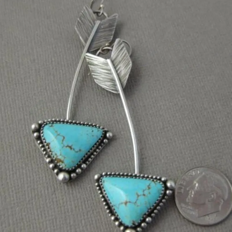 BKBK Antique Silver Arrow Feather Triangle Turquoise Wire Dangle Women Earrings Wedding Earrings for Valentine 4th of July Southwest Western Boho Bridal Jewelry for Brides Bridesmaids Adult Ladies Country Festival Occasion
