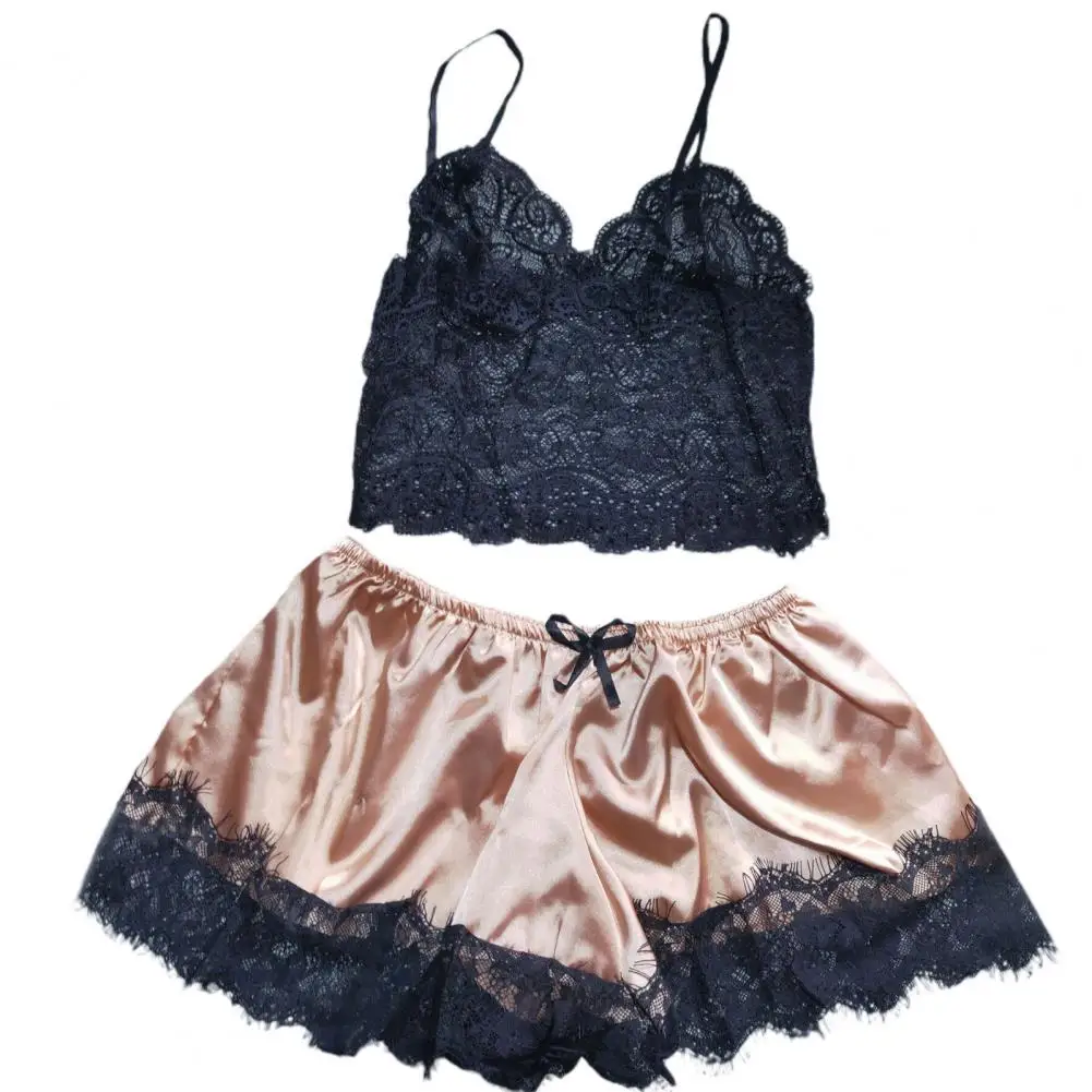 Conjunto de pijama con tirantes finos para mujer, chaleco y pantalones cortos, conjunto de dos piezas de retazos de encaje Sexy, Verano