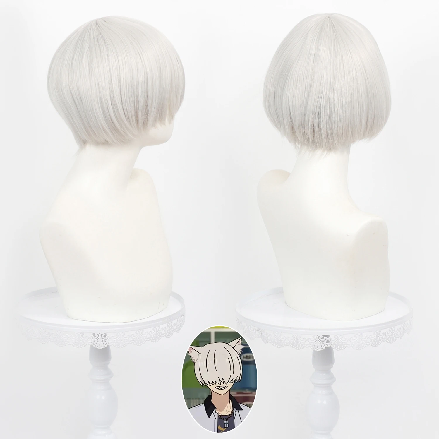 Nishi Shunran Cosplay Mushoku TenseiYani Neko Anime Wig Short Silver-white Anime Cospaly Wig Bowl Cut Wig Roleplay Synthetic Wig
