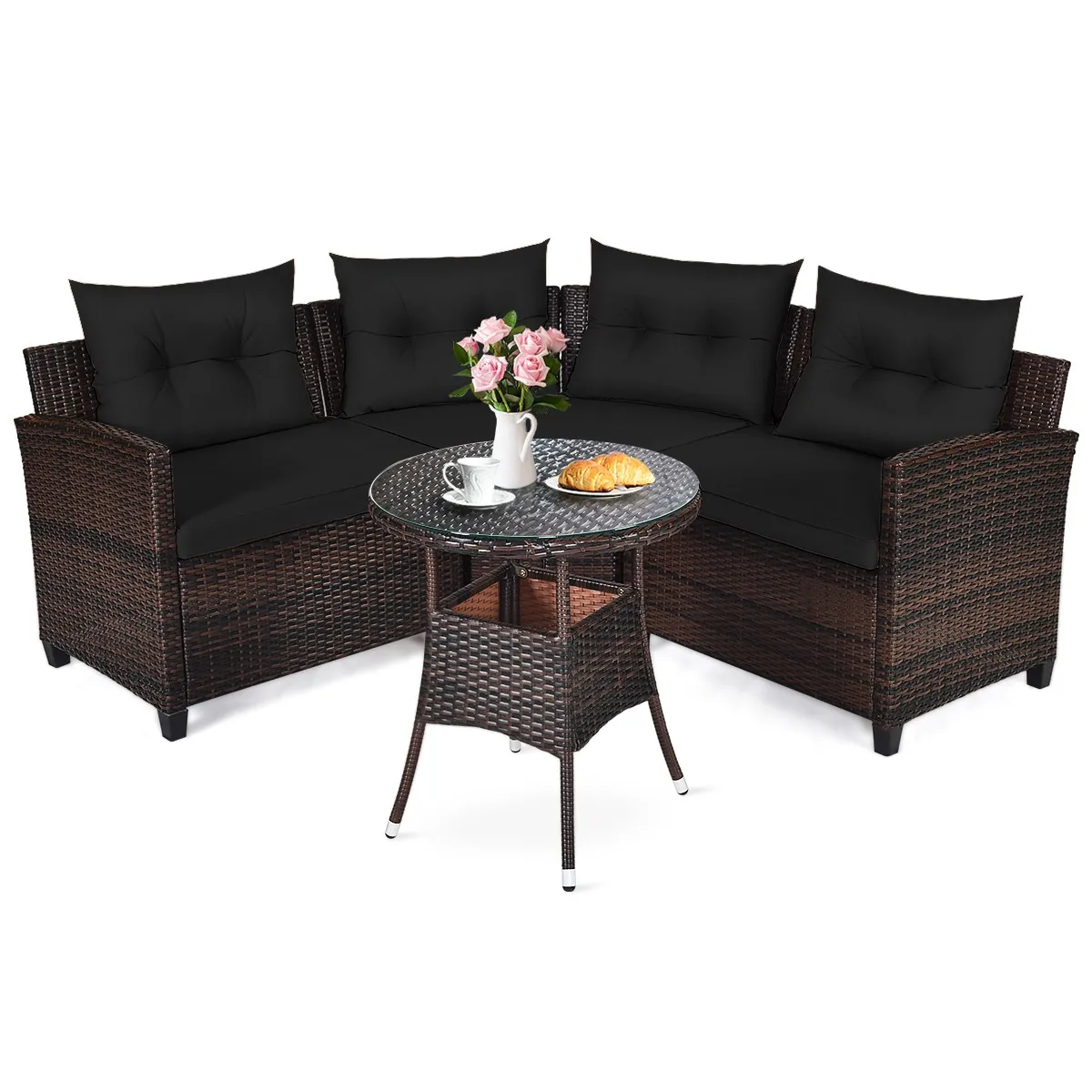 

4PCS Patio Rattan Furniture Set Cushioned Sofa Coffee Table Outdoor