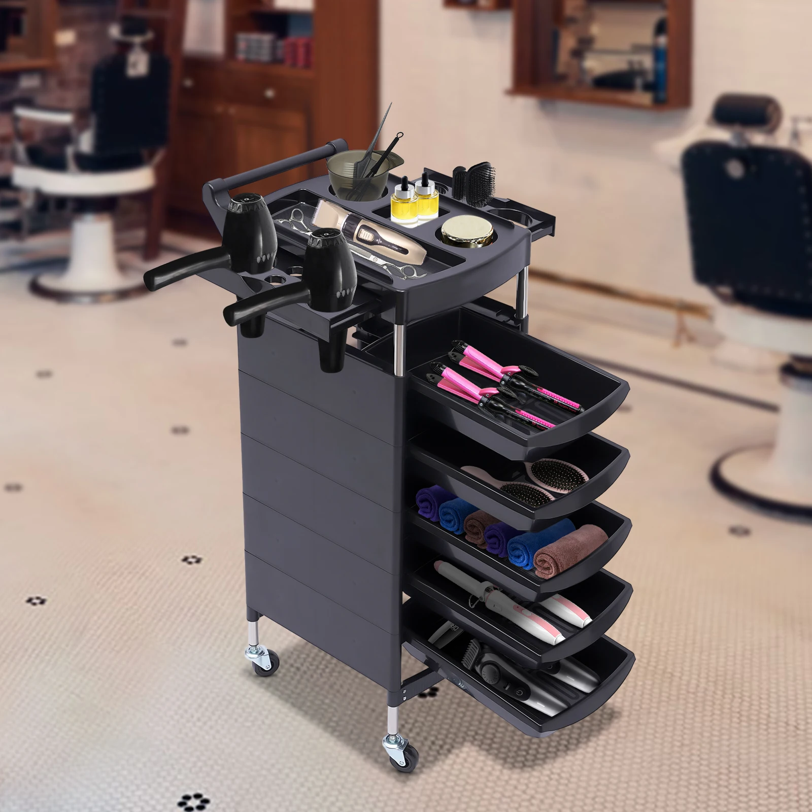 Salon Trolley with Handle and Rolling Wheels 5 Drawers and 2 Hair Dryer Holder Side Tray Black