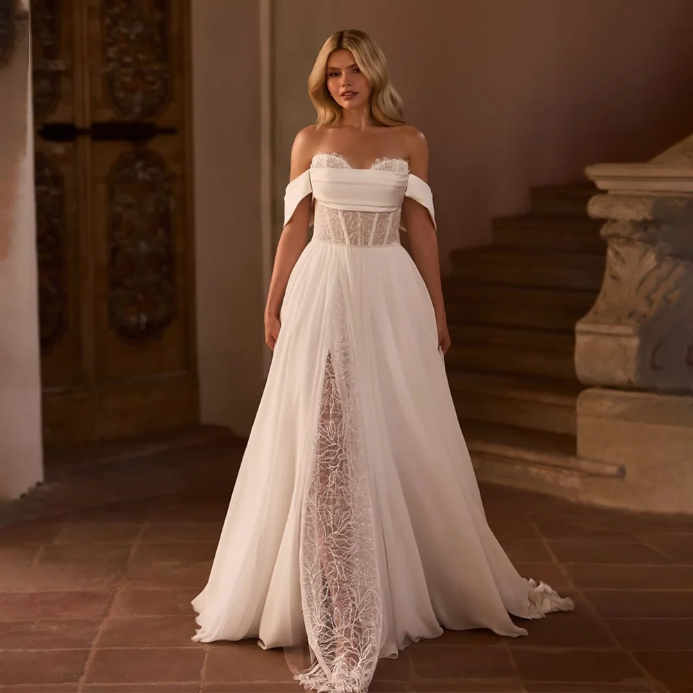 Stunning Strapless Neckline Satin Wedding Gown With Lace Customized A-Line Back Zipper Bridal Dress For Wedding robe de mariée