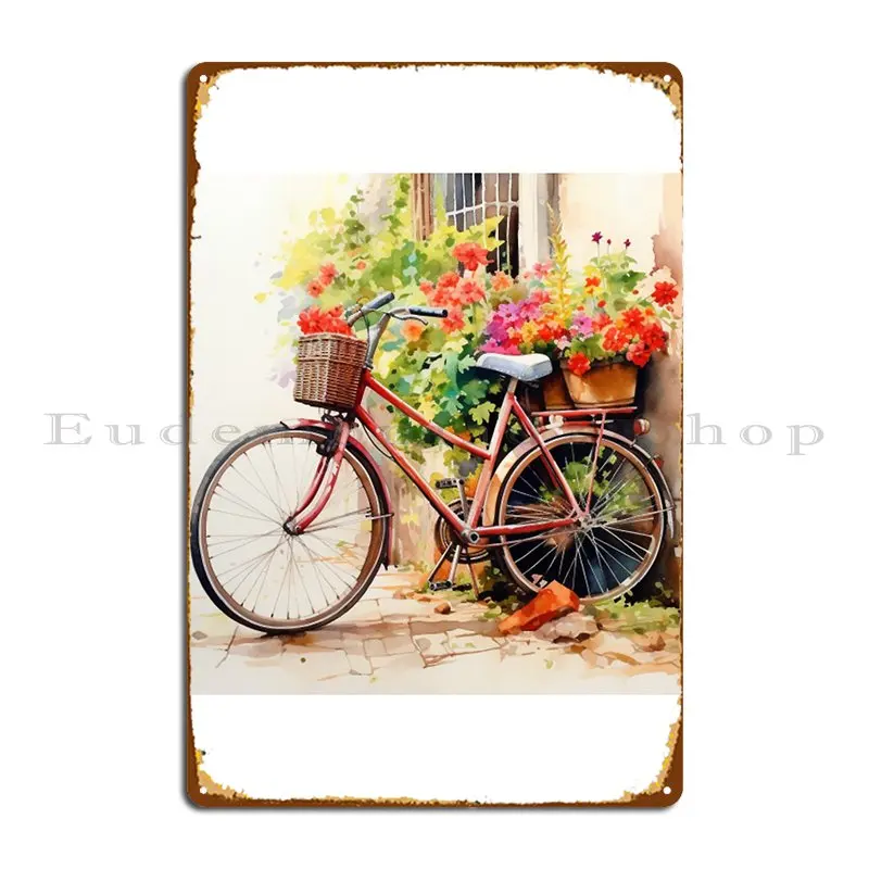 Cute Bike In The Garden Whit Colourful Flower Hand Draw Water Colour Metal Plaque Create Customized Create Tin Sign Poster