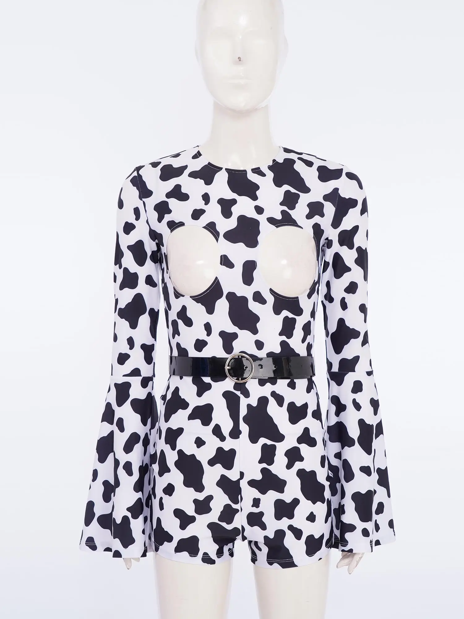 

Women Cow Print Halloween Party Costumes Long Sleeve Chest Cut Out Zipper Jumpsuit and Waist Belt for Valentine Nightclub wear