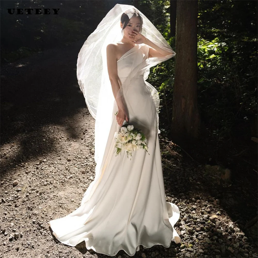 

UETEEY Korea Sleeveless One Shoulder Pleats Crepe A Line Wedding Dress Zipper Back Court Train Bridal Gown Custom Made