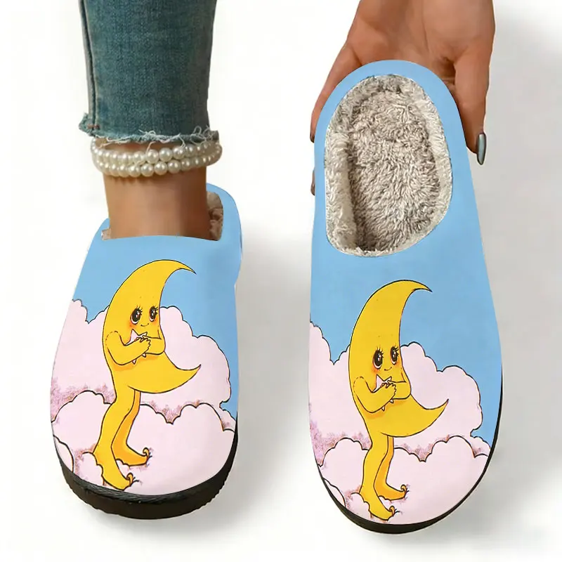 Pantoufles d'hiver chaudes en peluche pour femmes, imprimé nuage jaune, pantoufles en polaire moelleuses, chaussures d'intérieur