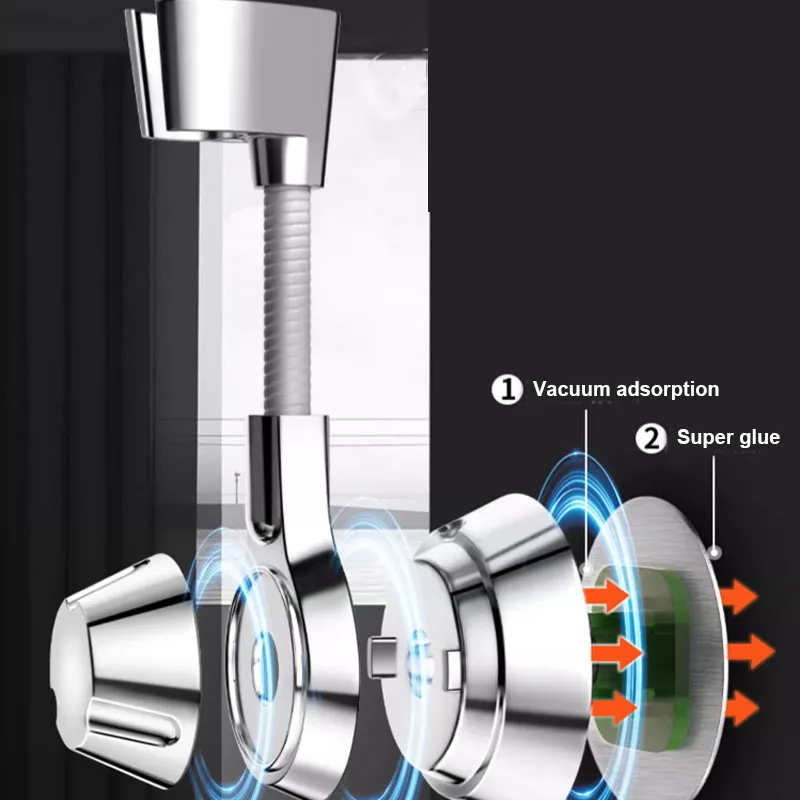 Verstellbarer Duschkopfhalter, selbstklebende Wandhalterung ohne Bohren, 120 ° Flexibler, silber/schwarzer Badezimmerhalter – Detail 6