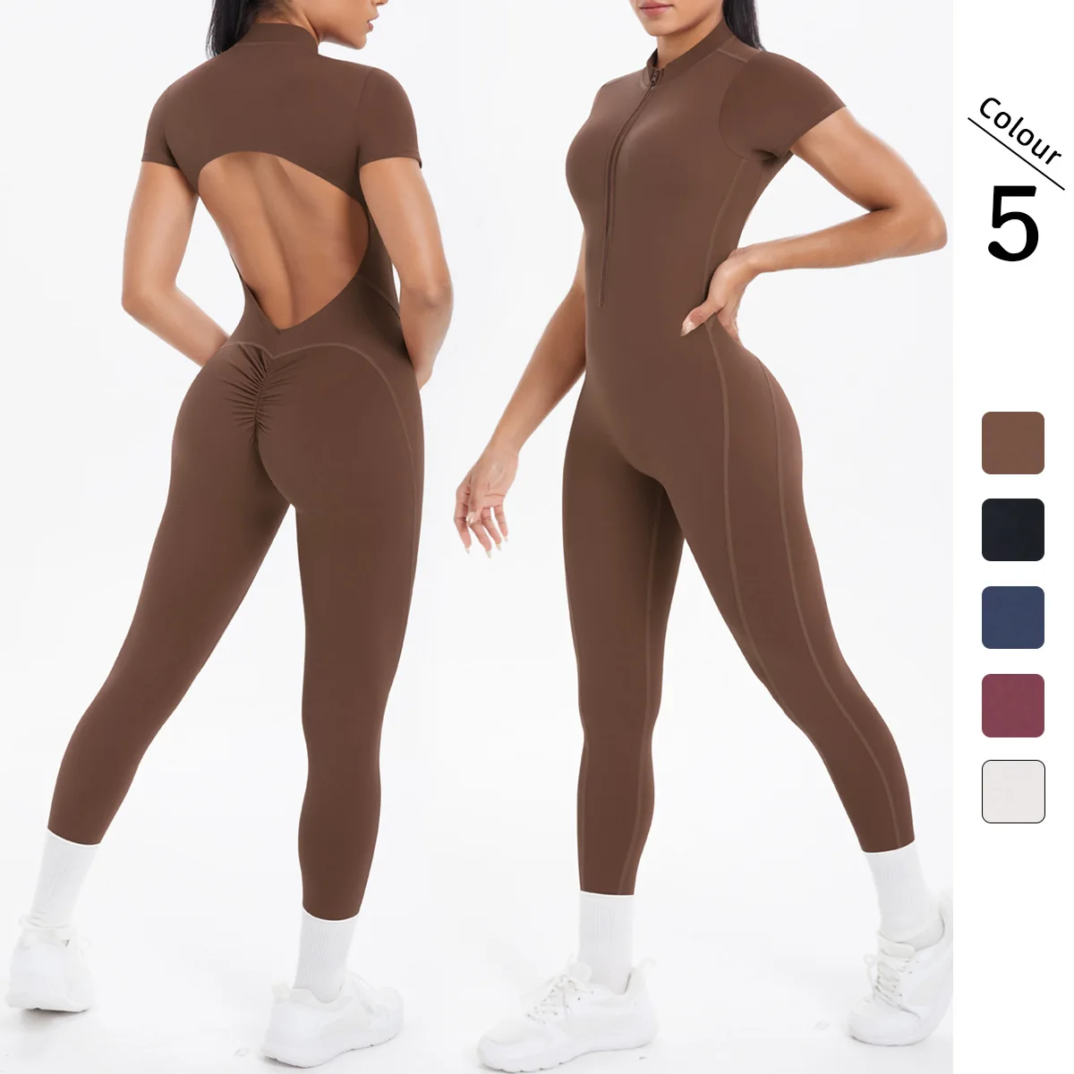 Sexy Backless Bodycon Scrunch Jumpsuit Women Fitness One Piece Yoga Suits Sportswear Zipper Short Sleeve Hollow Back Bodysuit