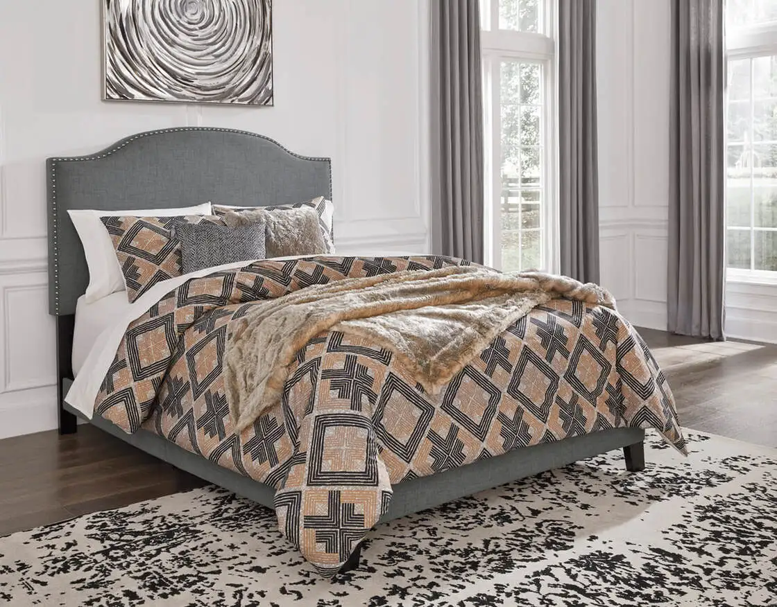 Modern Upholstered Platform Bed Frame with Linen Fiber Headboard, Padded Panel Headboard, Durable Wooden Slat Support System, No